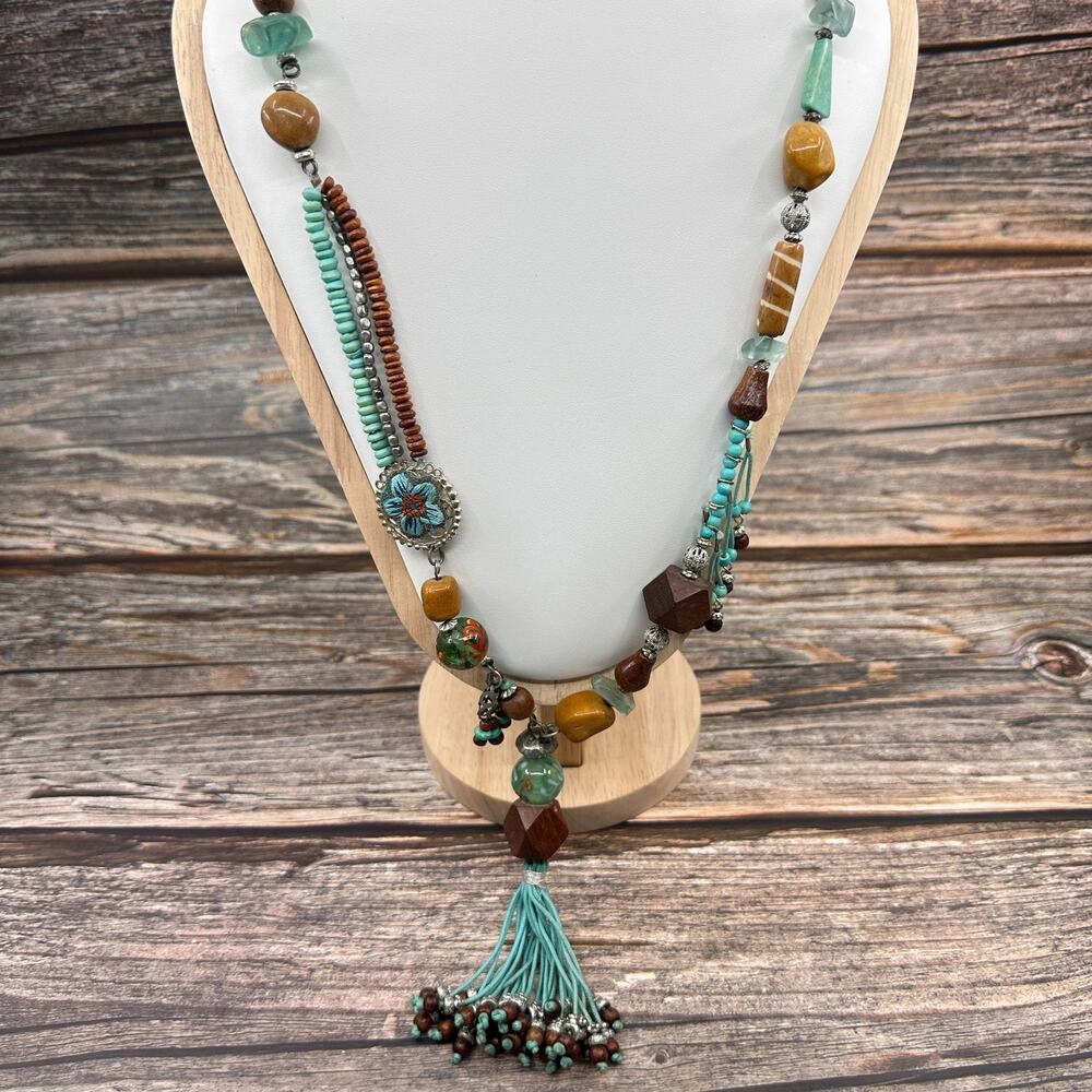 Turquoise Tone Brown Beaded Tassel Necklace Boho Wood Glass Statement Vintage